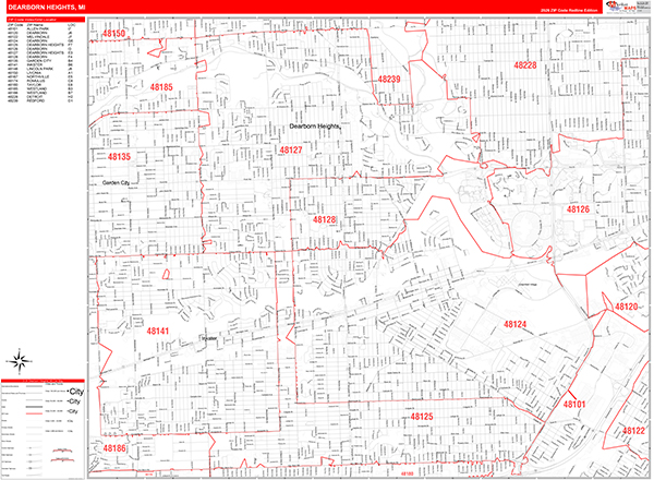 Dearborn Heights City Wall Map Red Line Style